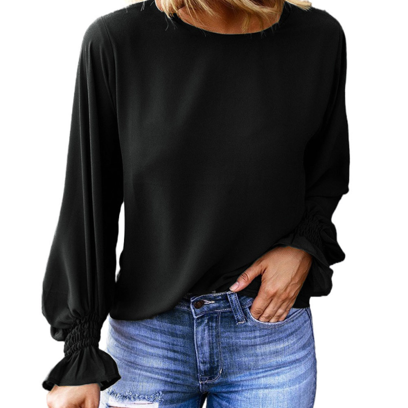black_crew_neck_ruffle_long_sleeve_blouse