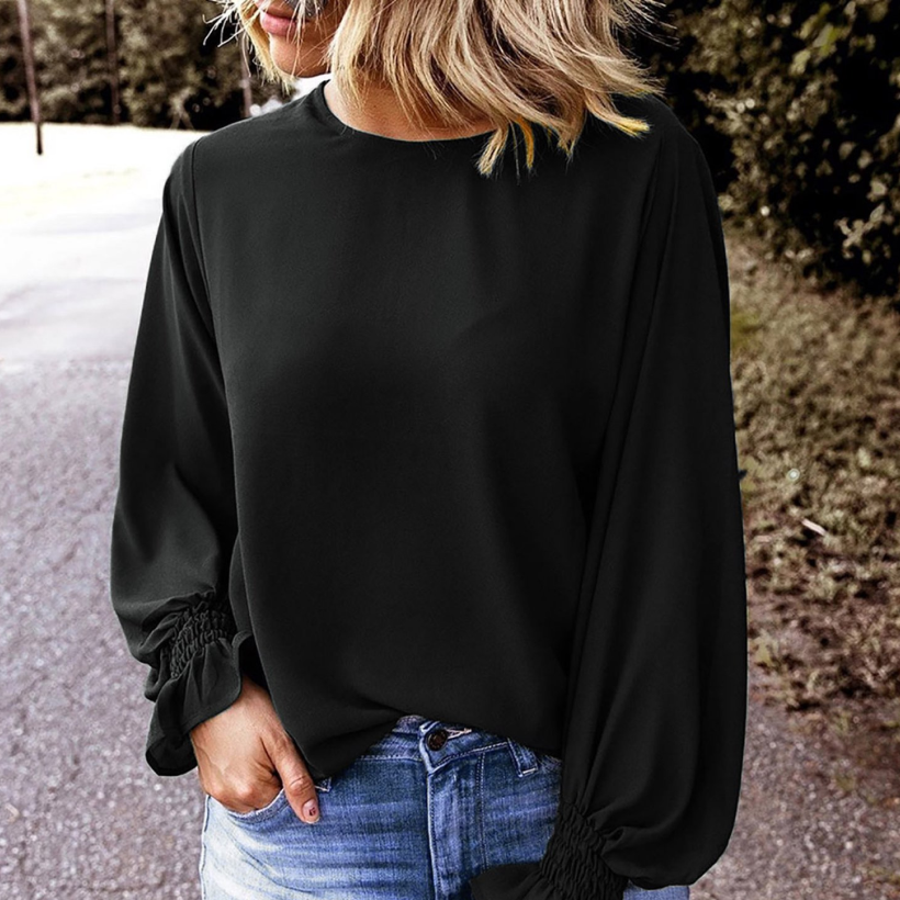 black_crew_neck_ruffle_sleeve_blouse_model