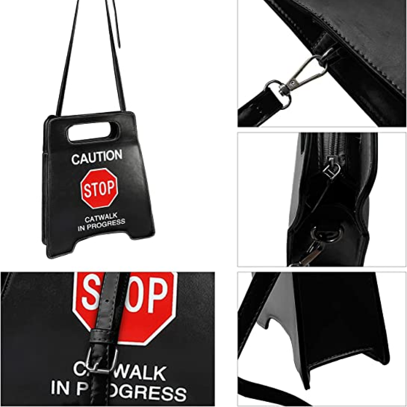 black_handbag_purse_caution_stop_sign_closeups_sides_strap_zipper
