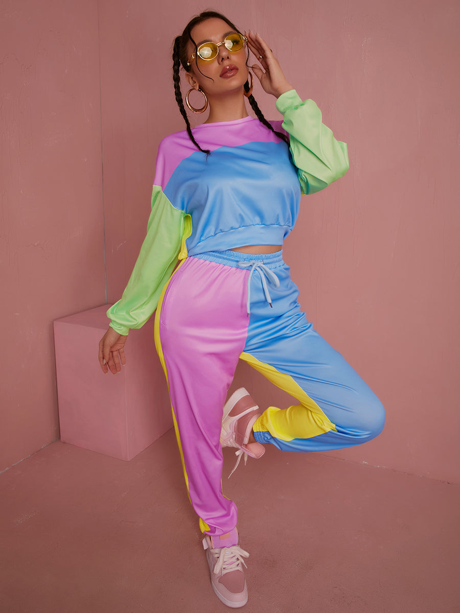 Color Block Crop Top Two-Piece Set