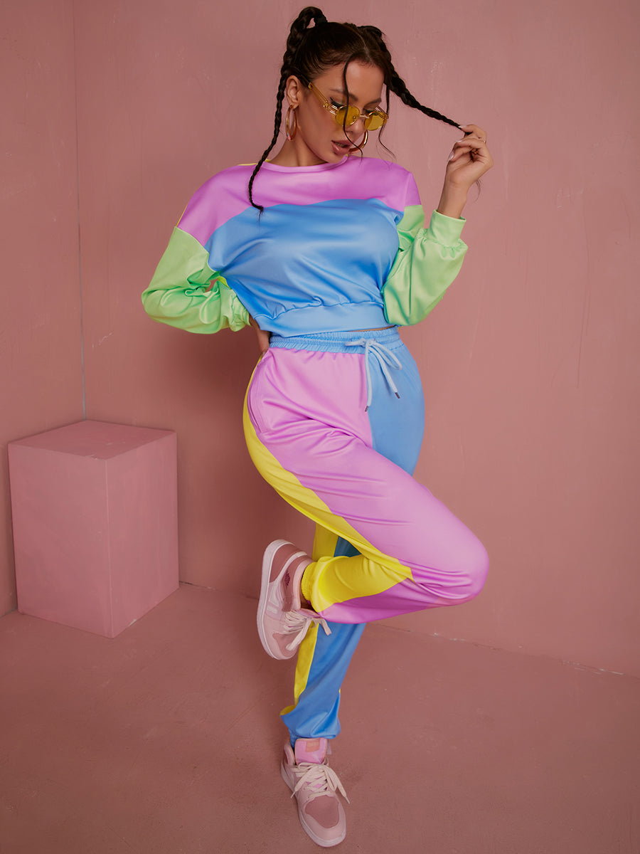 Color Block Crop Top Two-Piece Set