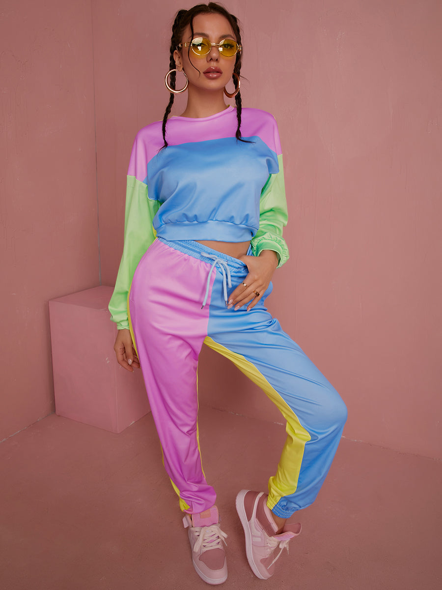 Color Block Crop Top Two-Piece Set