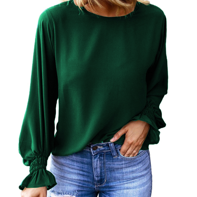 green_crew_neck_ruffle_long_sleeve_blouse
