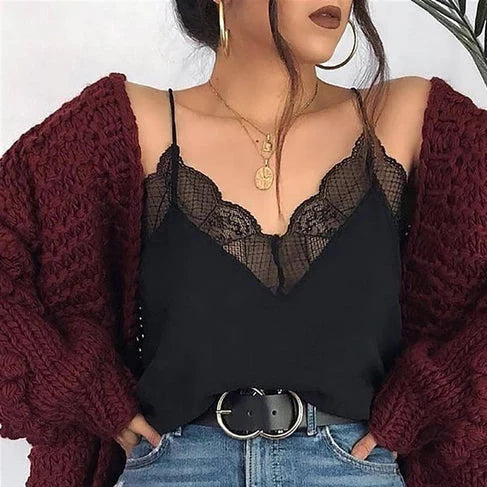 Tank Top - Laced Black Straped V-Neck