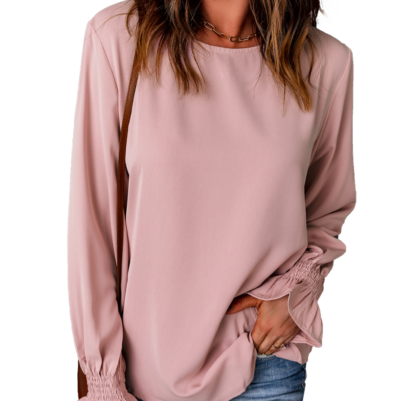 pink_crew_neck_ruffle_long_sleeve_blouse