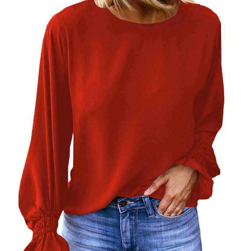 red_crew_neck_ruffle_long_sleeve_blouse