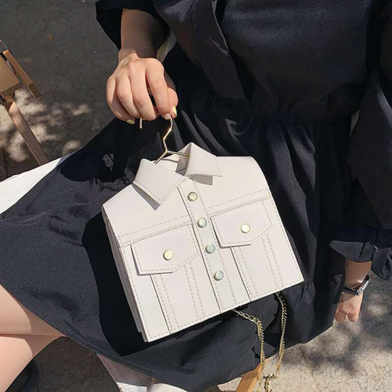 white_purse_collared_shirt_women_black_dress
