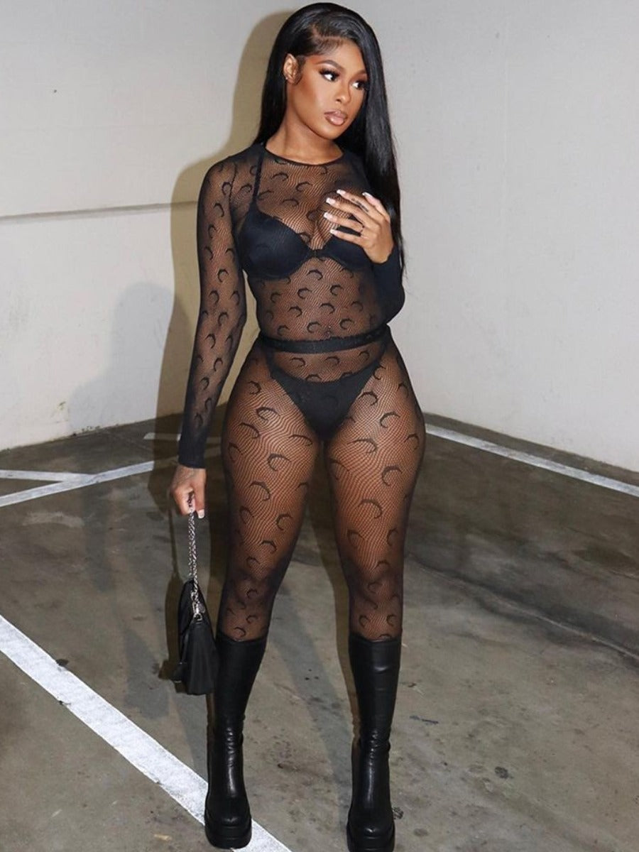 Crescent Moon Print See Through Body Suit