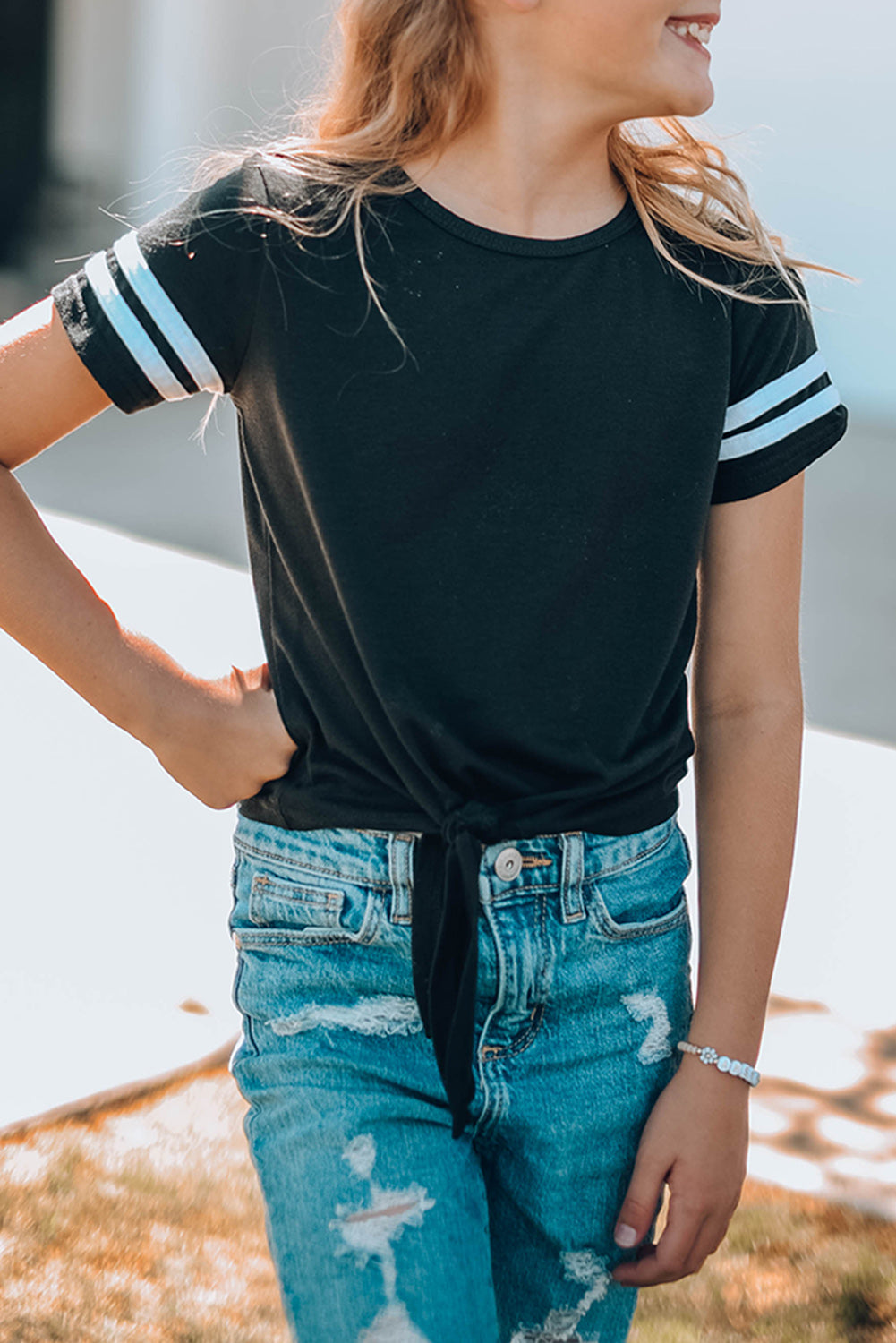 T-Shirt - Striped Sleeve Tie Knot